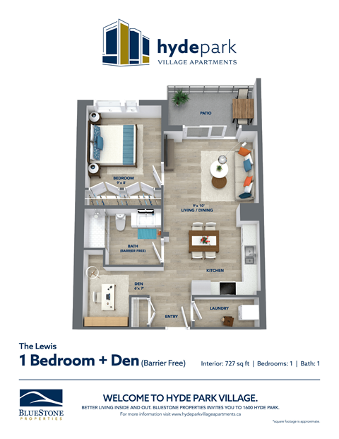 Floor plan for 1 bed, 1 bath, 727 sqft